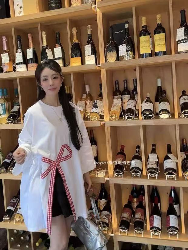 AS05-2220267。韓系格紋蝴蝶結開叉寬鬆短袖T ✨