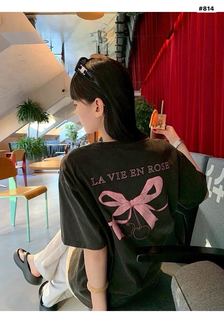 AS30-814。韓系櫻桃蝴蝶結印花水洗T⋆.𐙚˚