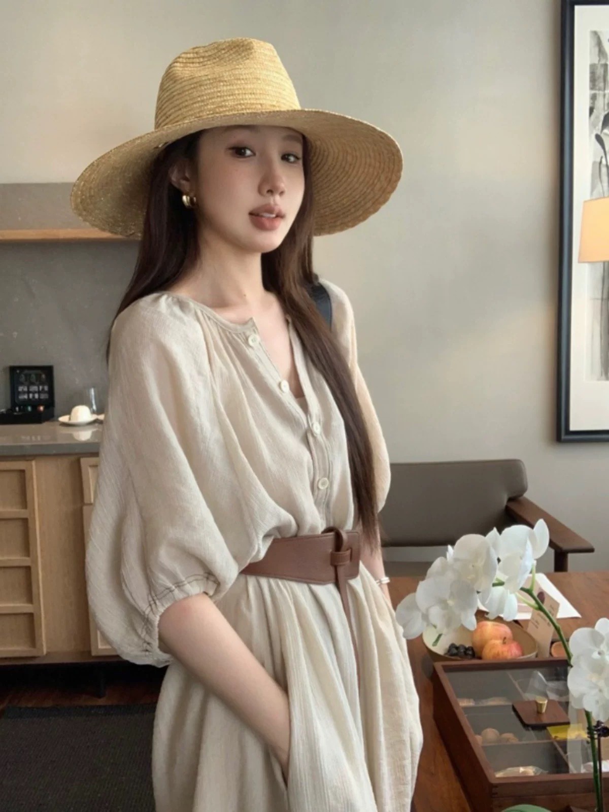AS05-8850。👗 法式V領真兩件棉麻洋裝