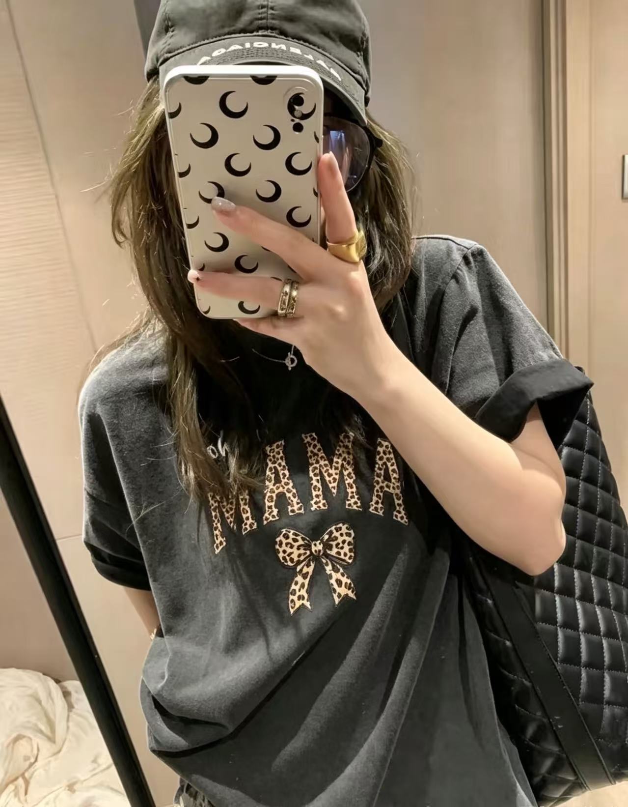AS05-161。🐆🖤 水洗灰豹紋字母TEE