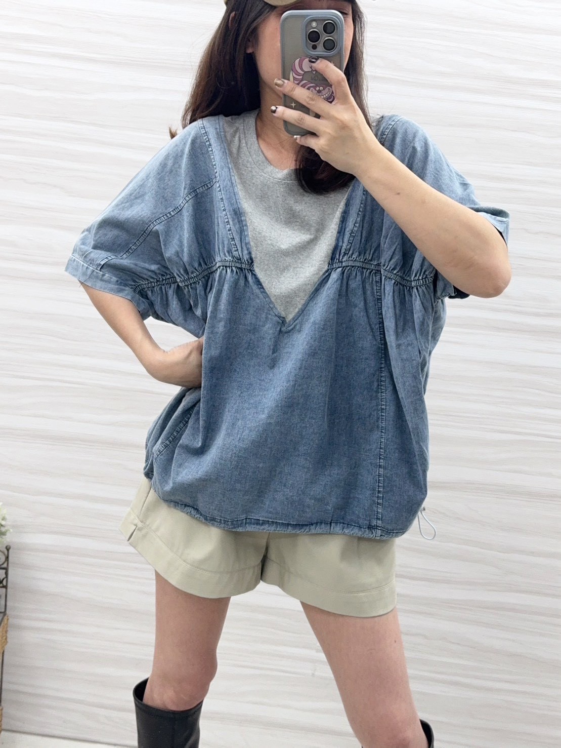 AS01-8839。👕💙 下抽繩V字牛仔拼接上衣 🇰🇷自訂款
