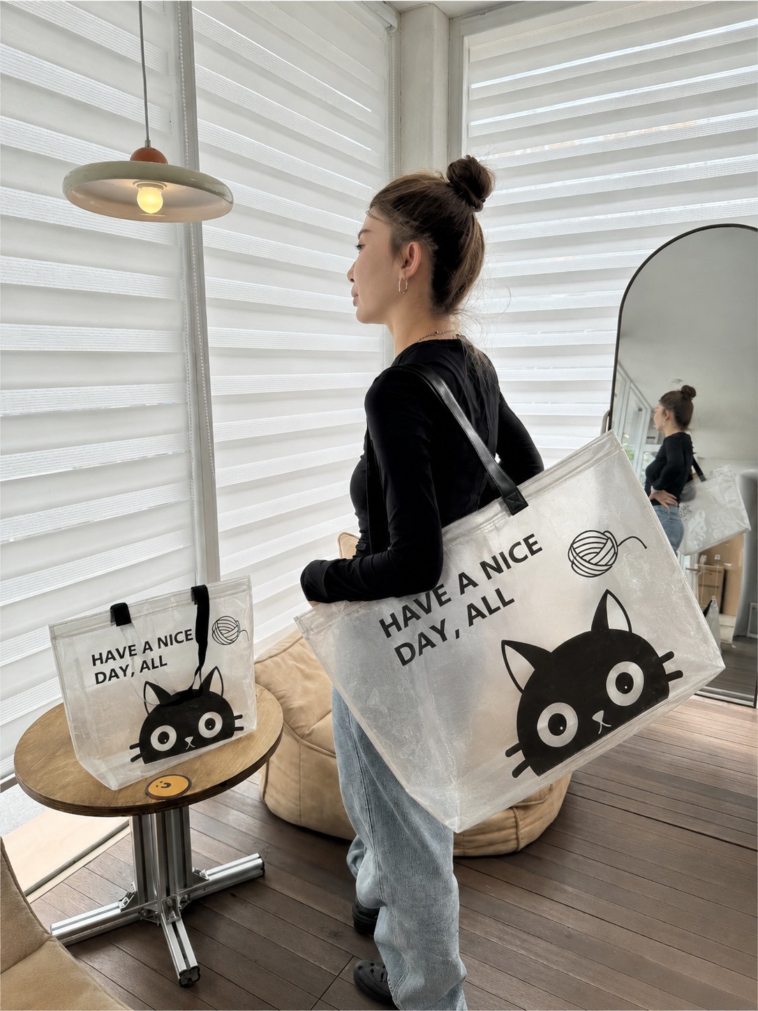 AS21-60-246-41。🐱🖤 透明萌貓防水托特包超值二入組